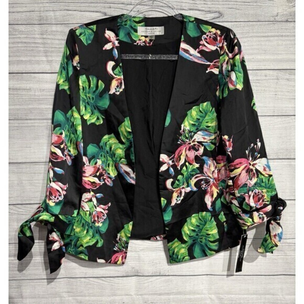 Tahari ASL Women's Palm-Print Tie-Sleeve BLAZER 6p  Black/Pink/Green